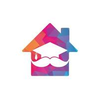 Mustache education home shape concept logo. Strong education logo design template. Hat graduation with mustache icon design. vector