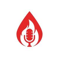 plantilla de diseño de logotipo de concepto de forma de gota de podcast de fuego. llama fuego podcast micrófono logo vector icono ilustración