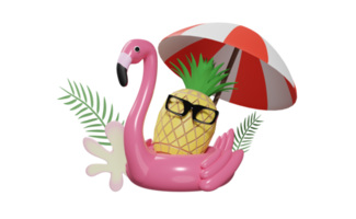 gonfiabile fenicottero con spiaggia ombrello e ananas, occhiali da sole isolato. estate viaggio concetto, 3d illustrazione, 3d rendere