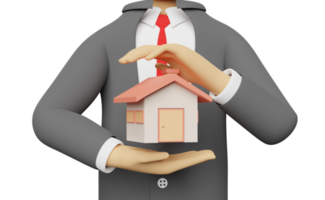 cartoon character businessman hands protecting house model  isolated. 3d illustration or 3d render png