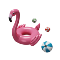 flamenco inflable con pelota de playa aislada. concepto de viaje de verano, ilustración 3d, presentación 3d png