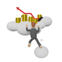 empresario de personaje de dibujos animados con pila de monedas y gráfico de barras en la nube aislada. ilustración 3d o renderizado 3d png