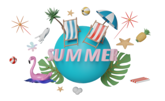 zomer reizen in de omgeving van de wereld concept met strand stoel, bal, paraplu, vlak, opblaasbaar flamingo, kokosnoot boom, zeester, ananas, monstera blad, 3d illustratie of 3d geven png