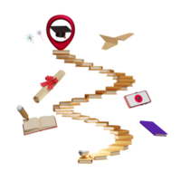 red pin with book spiral staircase and graduation hat, achieve goals and success concept ,3d illustration or 3d rendering png