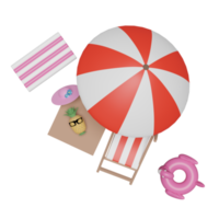vista superior da praia de verão com cadeira de praia, chapéu, flamingo inflável, jangada de borracha, conceito de viagens de verão, ilustração 3d ou renderização 3d png