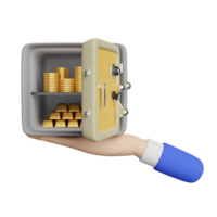 mãos segurando um cofre cheio de pilha de moedas e barra de ouro, conceito de banco de negócios, ilustração 3d ou renderização 3d png