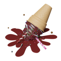 sorvete de chocolate com cobertura em cones de waffle caídos isolados. ilustração 3D ou renderização 3D png