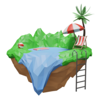 sommar försäljning baner med flytande ö, strand stol, boll, paraply, kokos träd isolerat. sommar resa begrepp, 3d illustration eller 3d framställa png