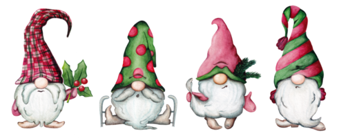 Set of watercolor Christmas gnomes in cartoon style. Illustration for a New Year's card or print png