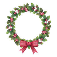 Christmas watercolor wreath, frame with green leaves, berries and a red bow. For cards, congratulations, wallpaper, background. png