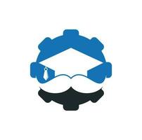 Mustache education gear shape concept logo. Strong education logo design template. Hat graduation with mustache icon design. vector