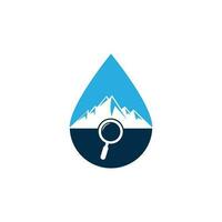 Mountain and loupe drop shape concept logo combination. Nature and magnifying symbol or icon. Magnifying glass and mountain logo design. vector