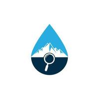 Mountain and loupe drop shape concept logo combination. Nature and magnifying symbol or icon. Magnifying glass and mountain logo design. vector