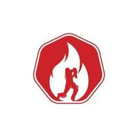 diseño del logotipo vectorial del jugador de cricket de fuego. icono del logotipo del equipo de fuego de críquet. logotipo de combinación de bateador jugando cricket y fuego. vector