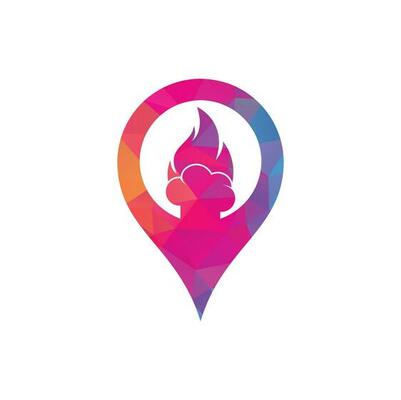 Hot chef gps shape concept vector logo design. Chef hat with a flame vector icon.