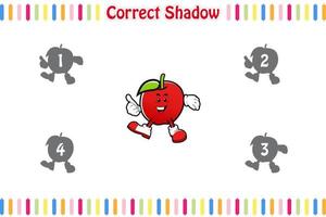 los juegos para niños encuentran la mascota correcta de la fruta de la sombra, el juego a juego para los niños, la hoja de trabajo imprimible del juego educativo para niños, el estilo de dibujos animados de ilustraciones vectoriales vector