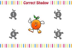 los juegos para niños encuentran la mascota correcta de la fruta de la sombra, el juego a juego para los niños, la hoja de trabajo imprimible del juego educativo para niños, el estilo de dibujos animados de ilustraciones vectoriales vector
