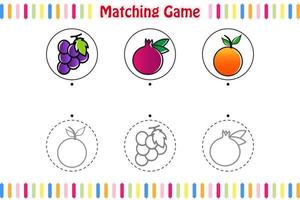 juego de combinación para niños, encontrar y combinar el esquema de frutas correcto, hoja de trabajo imprimible del juego educativo para niños, estilo de dibujos animados de ilustración vectorial vector