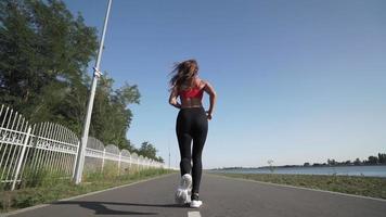 ung atletisk flicka kör på de asfalt väg. han är engagerad i kondition. friska livsstil. långsam rörelse. övergripande planen. video