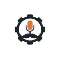 fuerte plantilla de diseño de logotipo de vector de engranaje de podcast. plantilla de diseño de logotipo de podcast de caballero. icono de podcast de bigote.