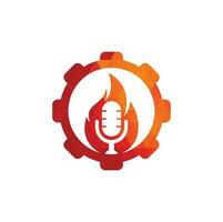 Fire Podcast gear shape concept logo design template. Flame fire podcast mic logo vector icon illustration