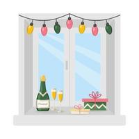 el champán y los regalos están en la ventana. ilustración vectorial vector