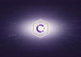 C Sharp sign and program code on purple background. c Sharp programming concept. Coding language, Software development. Learning C Sharp, training, computer courses, Web banner. Vector illustration.