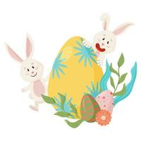 Bunnies Character. Peeks out from Eggs, Carrot. Funny, Happy Easter Rabbits with Floral, Flower. vector