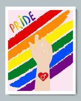 mano blanca con fondo de arco iris, símbolo de corazón lgbt de género y orgullo de inscripción de textura doole vector