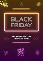 Black friday multiline lettering with neon frame and elements  vertical poster vector