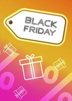 Black friday vertical poster design with neon gift boxes and label symbol vector