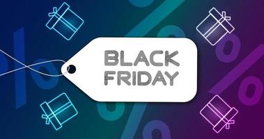 Black friday gradient design with neon gift boxes and multiline lettering on a label symbol vector