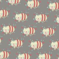 Cute pattern with cat on beige background. Vector cartoon illustration.