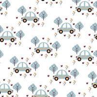 Vector cute car pattern tree, flowers and hearts.dandelion, butterfly vector pattern bright cartoon style.