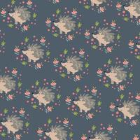 Hedgehog, hedgehog pattern surrounded by pink flowers and green leaves. Nice summer scene. vector