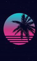 New Retro Wave Artwork with Palm Tree, Sunset and Stars vector