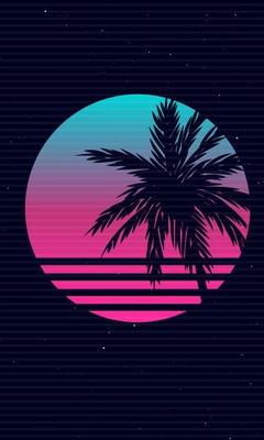 New Retro Wave Artwork with Palm Tree, Sunset and Stars