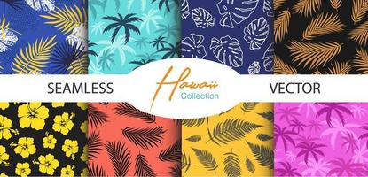 colección hawaiana de patrones sin fisuras. estilo bohemio bali. flores hojas de palmeras y monstera. vibraciones tropicales exóticas. vector