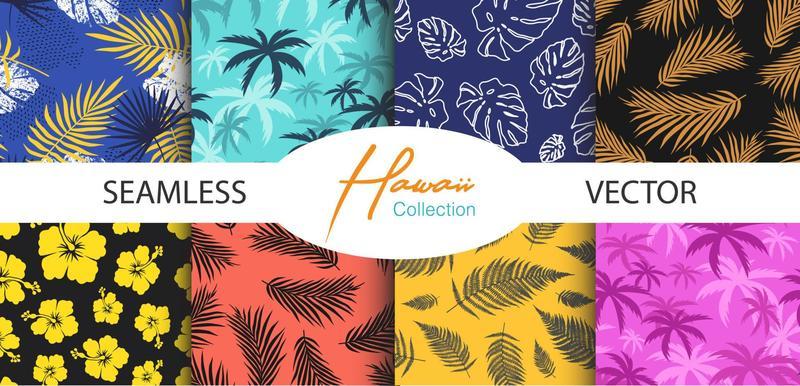 Hawaiian Seamless Pattern Colelction. Boho Bali Style. Flowers Palms Leaves and Monstera. Exotic Tropical Vibes.