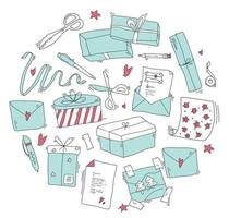 Set of hand drawn gift boxes and postcard. Vector flat illustration. Collection of ribbon, scissors, present boxes and wrapping paper. Festive objects with design elements for birthday, valentine day