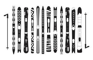 Ski set with pattern. different Ski design. type of ski. Black and white poster minimalistic. Winter sport. vector