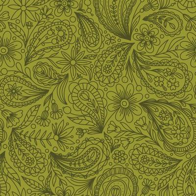LIGHT OLIVE VECTOR SEAMLESS BACKGROUND WITH OLIVE PAISLEY CONTOUR PATTERN