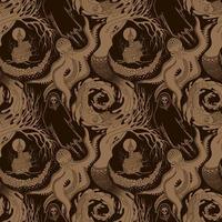 BEIGE AND BROWN VECTOR SEAMLESS PATTERN OF DIFFERENT PHANTASMAGORIC SCARY CREATURES OF THE ANIMAL AND AQUATIC WORLD