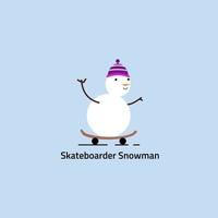 Logo of a snowman with a purple cape playing a skateboard. vector