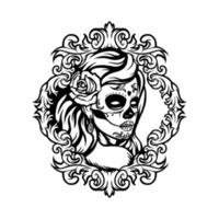 Sugar skull lady with frame FOR tshirt design vector