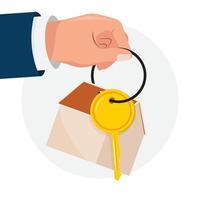 Man hand holding a house key. Investment, business, business success, mortgage loan, real estate, home property flat style illustration with the hand giving you the house key. vector