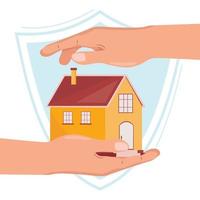 Two hands protecting the house in modern flat style. Protection, support, safety, purchase, family, peace concept illustration with two hands above and under the house and shield on the background. vector