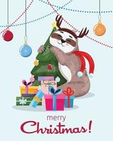Sloth sitting with gift boxes and hugging Christmas tree. Template for cards, invitations, prints, posters, greetings. Holiday greeting card design. Christmas illustration. vector
