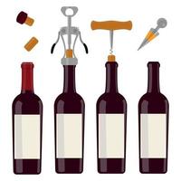 A set of open and closed wine bottles. A set of bottle caps. Corkscrew. Vector illustration.