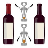 A bottle of wine is open, a bottle of wine is closed, without an inscription. Corkscrew. Vector illustration.